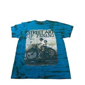 Street Art of Penang Blue Tye Dye Adults Double Sided graphic Teal Blue Size L